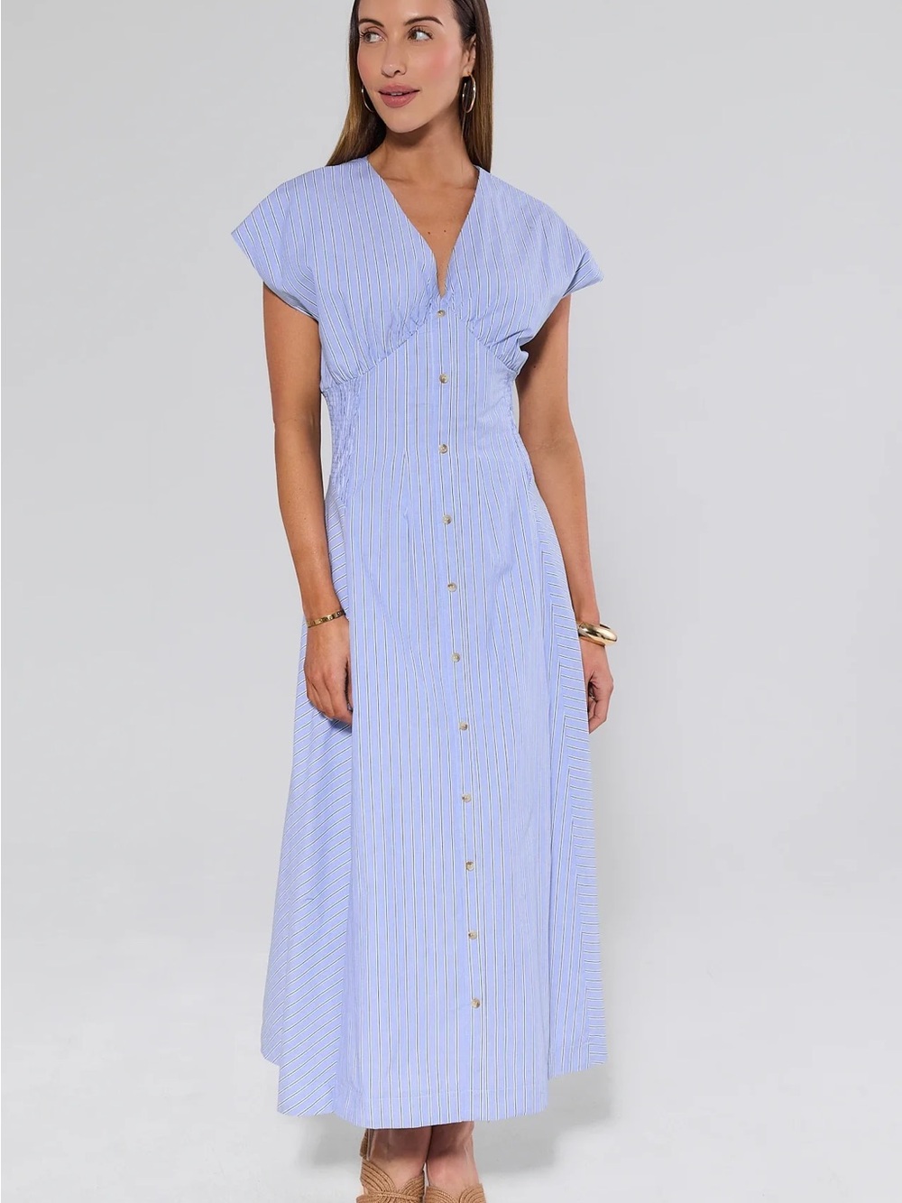 Button-Front Light Blue Stripe Maxi Dress